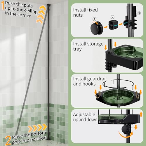 Image of AKINBAS 360 Rotating Shower Caddy Tension Pole with 4-Tier Rustproof Lazy Susan 35-128 Inch No Drilling Coner Shelves Adjustable Shower Rack for Bathroom Bathtub Washbasin Plant Storage (Black+Green)