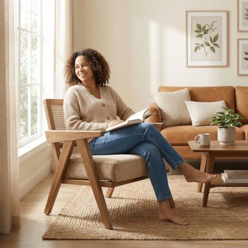 Image of Kingsman Furnitures ABEL Rattan Teak Wood Accent Arm Chair for Home Bedroom, Living, Dining, Drawing Room | Ultra Soft and Comfortable for Stress Free | Removable Cushion (Beige Velvet)