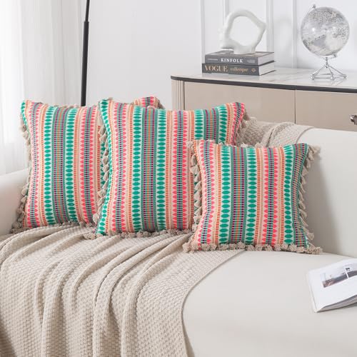 Image of HOKIPO 'Artisan Boho Series' Sofa Cushion Covers | 450 GSM Cotton Acrylic Jacquard | Tassel Design | 22x22 Inch (55x55 cm) | Pack of 2, Mint Green (IN-906-A7*2)