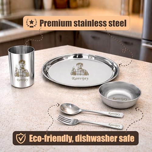 Image of Personalized Stainless Steel Plate Set (Photo Printed Big Meal Set) | Big Meal Set
