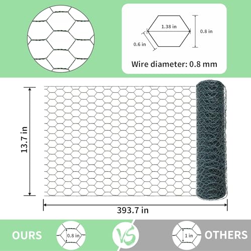 Image of Chicken Wire 13.7 in x 393.7 in Poultry Wire Netting Hexagonal Galvanized Mesh Garden Fence Barrier for Pet Rabbit Chicken Fencing with 100 Pcs Cable Zip Ties(PVC-Coated)