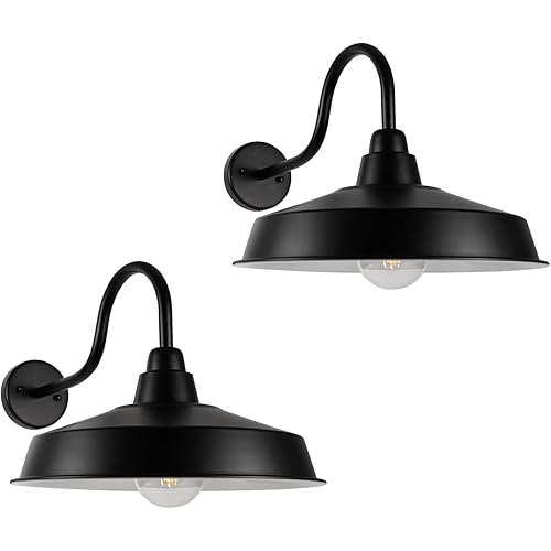 Gooseneck Barn Light Outdoor, 16 Inch Dome Large Farmhouse Exterior Light Fixture Wall Mount, Industrial Outdoor Wall Sconce Outside for House, Shop, Front Porch, Garage, Entryway, Black, 2 Pack
