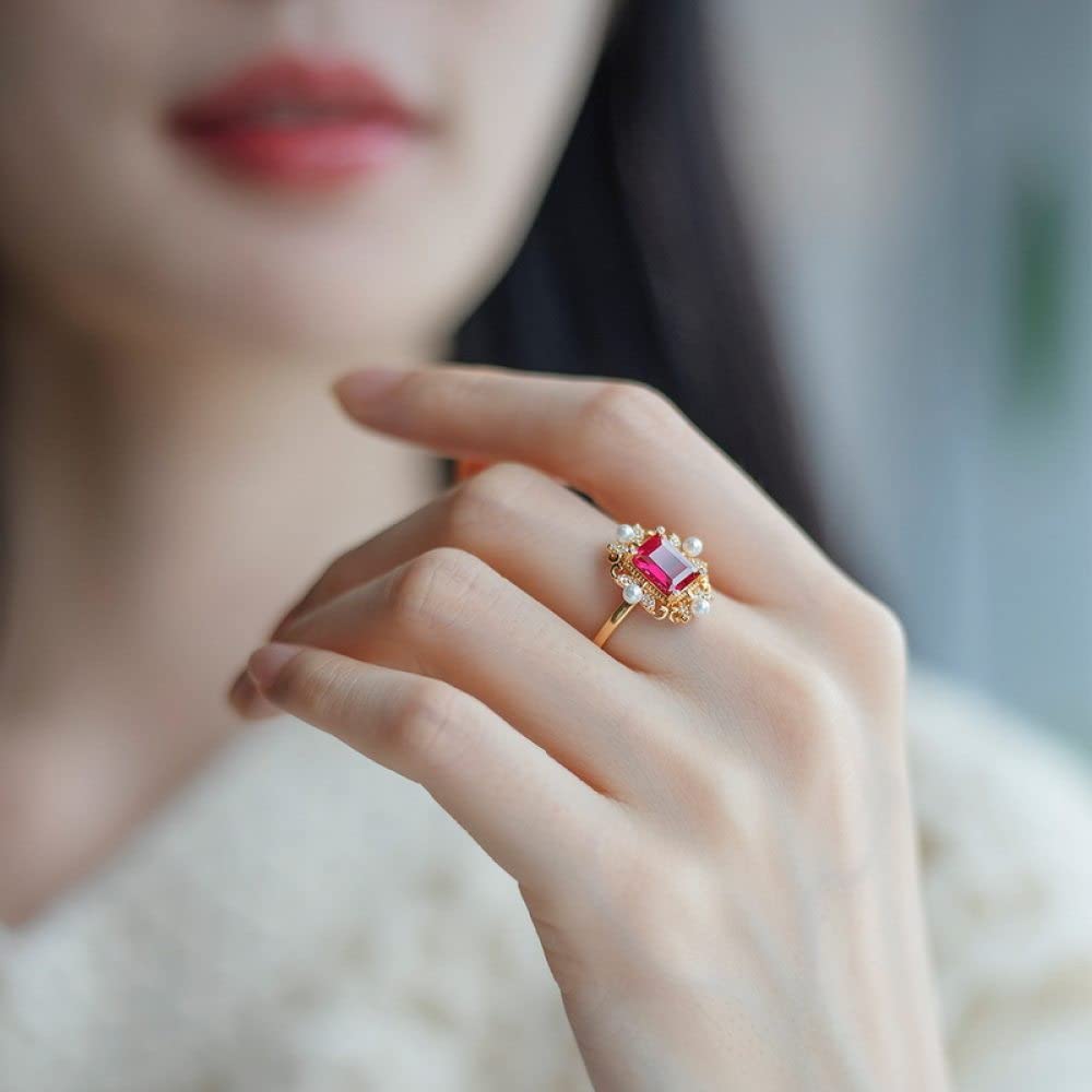 Ring Aus 925Er Sterlingsilber, Verstellbare Rubine Ringe Damen Großes Rechteck Kreuz Mittelalter 925Er Sterling Silber Synthetische Perle Bandring Memoireringe Vergoldet Verlobungsringe Für Damen