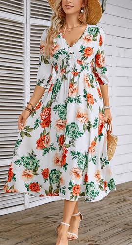 Image of Kormei Women Casual Boho V Neck 3 /4 Sleeve Smocked Waist A Line Flowy Swing Midi Dress Smocked Long Dress