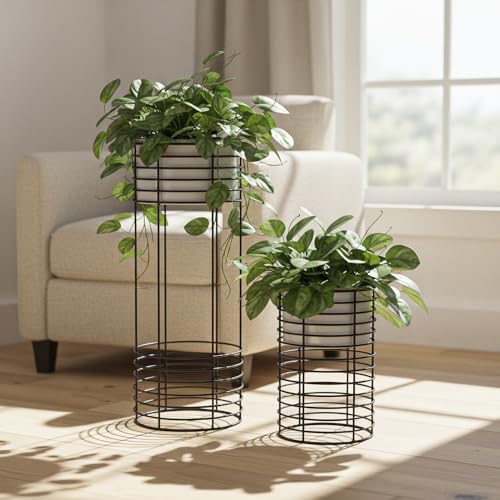 Image of Metal Floor Planter with Stands (Set of 2), Modern Tall Planter for Home Decor, Decorative Plantpot for Living Room Balcony Office, Big Plant Stand with Pots (Plants not Included) (White Pot & Black Stand)