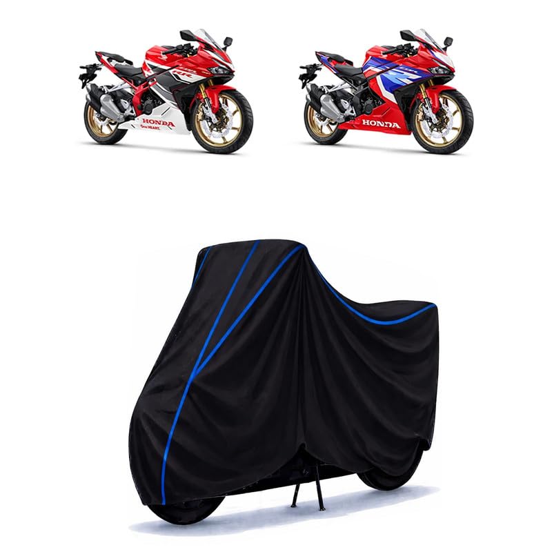 Image of CBR 250 RR Bike Cover Water Resistant Universal Motorcycle Rain | Heavy Duty UV Protection, Dust, Scratch Indoor Outdoor All Weather with Black Blue Piping Elastic