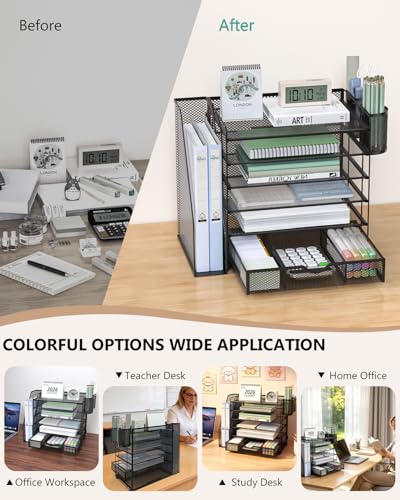 Image of WALI Desk File Organizer, 6 Tier Desktop Paper Letter Tray Organizer with Drawer and 2 Pen Holders, Office Desk Accessories & Workspace Organizers for Office, Home Supplies(DO007DH-B), 1 Pack, Black