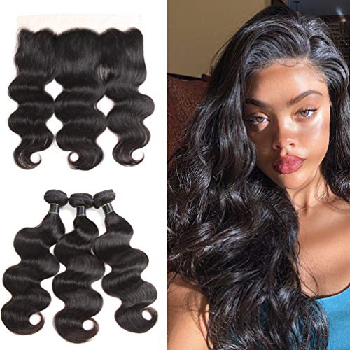 8A Brazilian Virgin Hair Body Wave Bundles with Frontal Body Wave Lace Frontal with Bundles Brazilian Body Wave Human Hair with Frontal Closure (18 20 22+16, Natural Color)…