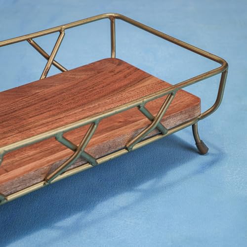 Image of Harvest Glow Metal Fruit Basket with Acacia Wood - Elegant Countertop Storage for Fresh Fruits & Vegetables