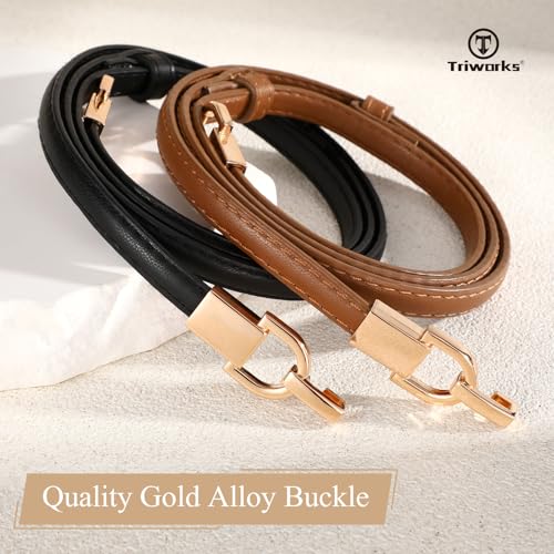 2 Pack Skinny Leather Belts for Women Thin Waist Belts with Adjustable Gold Buckle for Dresses, Coats and Jeans2