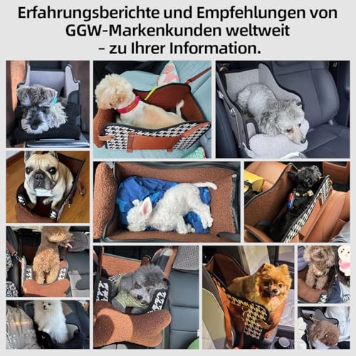GGW Auto-Hundesitz für Kleine Hunde & Katzen | Sicherer Hunde-Sitz mit Doppelter Befestigung, Wasserdicht, Seitentaschen & Schnellmontage (Passt zu 99% Mittelarmlehnen) (Leder-Schwarz, Normaler Stil)