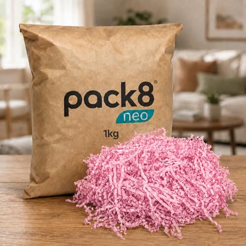 Image of Pack8neo Shredded Paper Cutting For Giftpacking, Hampers, Gift Baskets & Boxes, 1kg | Sustainable grass paper, Crinkle Cut filler, Gift Packaging Protection & Recyclable decoration material, Pink