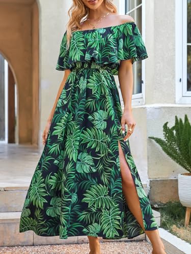 Image of CUPSHE Women Ruffle Floral Maxi Summer Dress Off Shoulder Short Sleeve Backless Flounce Bodice Slit Hem Beach Dresses