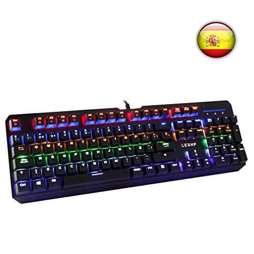 LESHP Clavier de jeu mécanique 7 couleurs LED, clavier RGB,Anti-ghosting 104.