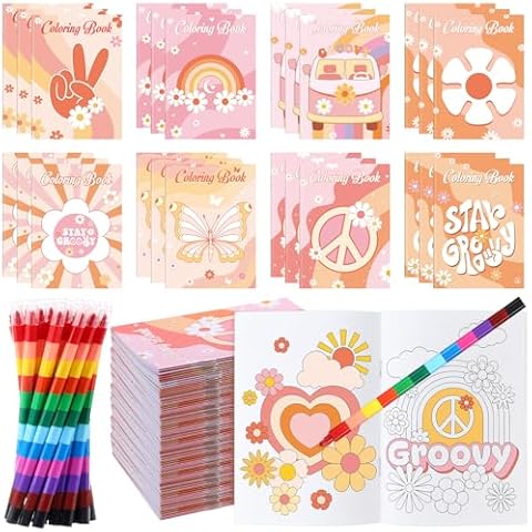 Funrous 24 Pcs Hippie Boho Coloring Books with 24 Stacking Crayons Set Stay Groovy Mini Drawing Book Peace Sign Hippie Bus Daisy Rainbow Activity Book Gifts for Groovy Birthday Party Favors Supplies Cover
