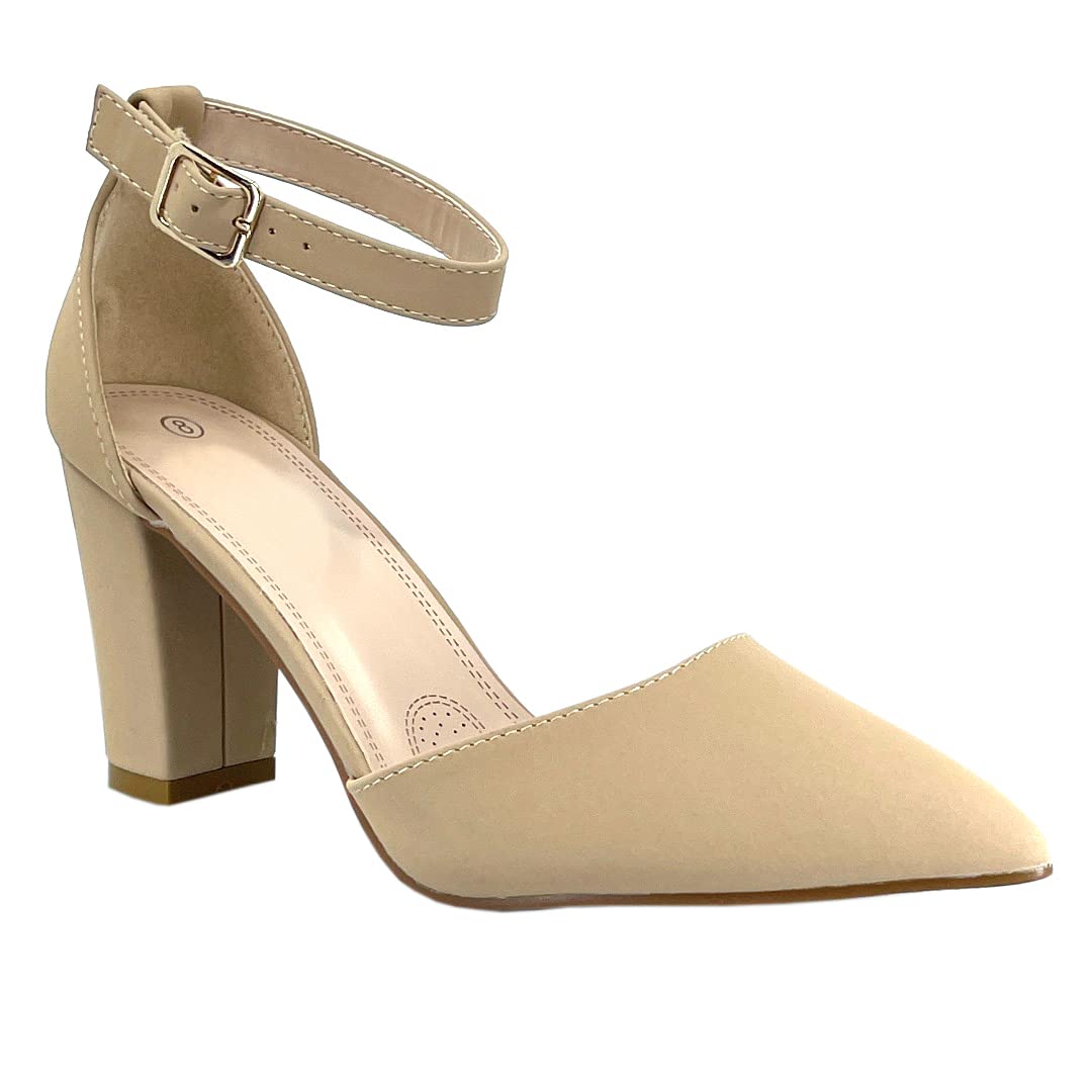 ABSOLEX Women's Pointy-Toe D'Orsay Ankle Strap Block Heel Dress Pump