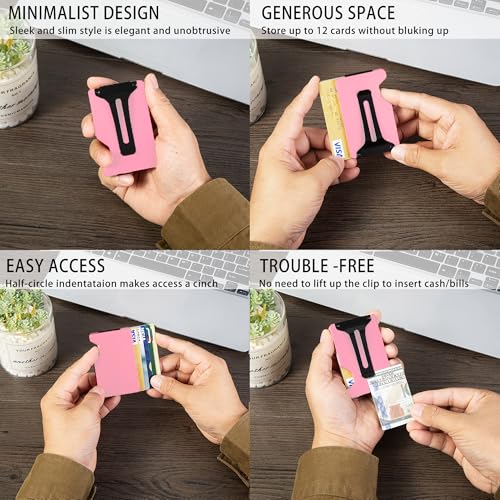 Image of Minimalist Carbon Fiber Wallet for Men, Money Clip Cash Strap Wallet, RFID Blocking Metal Wallet Aluminum Card Holder,Front Pocket Wallet(Matte Pink)