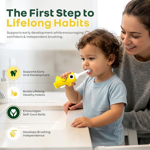 Image of R for Rabbit Tiny Smiles Dino Kids Toothbrush with Tongue Cleaner for Toddlers & Babies 2+ Years | Extra Ultra Soft PBT Bristles, Gentle on Gums | Cute 3D Dinosaur Easy Grip Handle | BPA Free (Yellow)