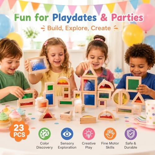 Image of 23 Pcs Rainbow Wooden Sensory Building Blocks for Toddlers,Gift for Kids | Colorful Geometric Stacking Toys with Beads, Sand & Mirror Blocks, Montessori STEM,Preschool Learning Educational Toys
