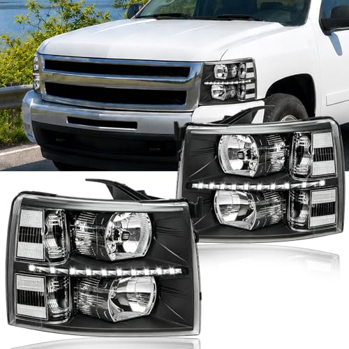 Fullux LED DRL Headlights Assembly fit 2007-2013 Chevy Silverado 1500 2500HD 3500HD NOT Fit 2007(Old Body) Classic Models Halogen Headlamp Clear Reflector Black Housing