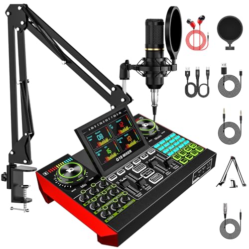 Podcast Equipment Bundle with 3.5mm BM800 Condenser Microphone for Pc/Phone Live Streaming Singing Gaming, Podcast Microphone Bundle with Live Sound Board Audio Mixer,Voice Changer, Denoise,DJ Sets
