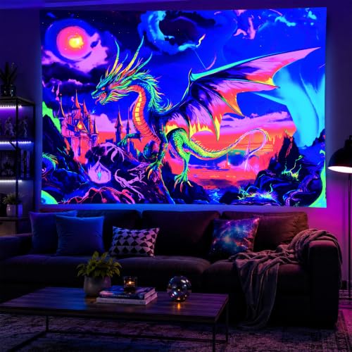 Image of BlissYard Blacklight Tapestry 78x59 Inch Neon Dragon Castle Wall Hanging UV Reactive Glow in the Dark Fantasy Trippy Fire Dragon Tapestry for Bedroom Dorm Gamer Room Psychedelic Wall Art Decor