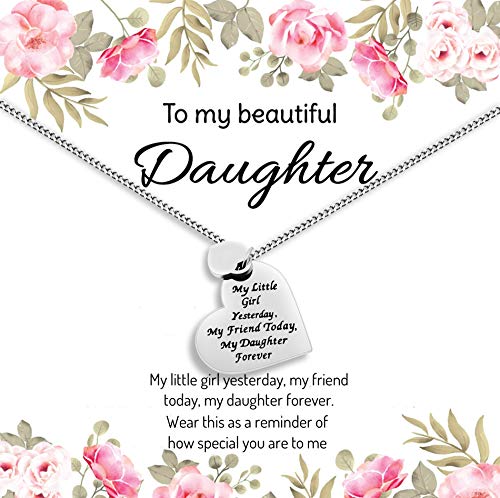 Daughter Gift from Mom or Dad - ''MY LITTLE GIRL YESTERDAY MY FRIEND TODAY MY DAUGHTER FOREVER'' Heart Pendant Necklace for Women & Teen Girls silver