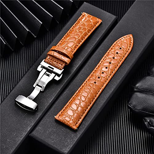 READY MART Men's Classic Crocodile Pattern Leather Strap with Stainless Steel Automatic Buckle Watch Straps (Silver Orange 22mm)