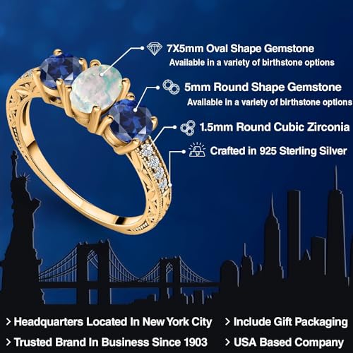 Gem Stone King 18K Yellow Gold Plated Silver Oval Cabochon White Simulated Opal Blue Created Sapphire Women Ring (2.32 Cttw, Available in size 5, 6, 7, 8, 9)2