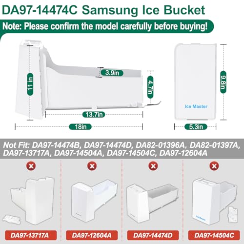 Upgraded DA97-14474A DA97-14474C DA97-12604D Refrigerator Ice Maker Replacement Compatible with Samsung Ice Bucket Parts RF26J7500SR, RF28HFEDTSR, RF265BEAESR Ice Bin Tray W/Latch Plate