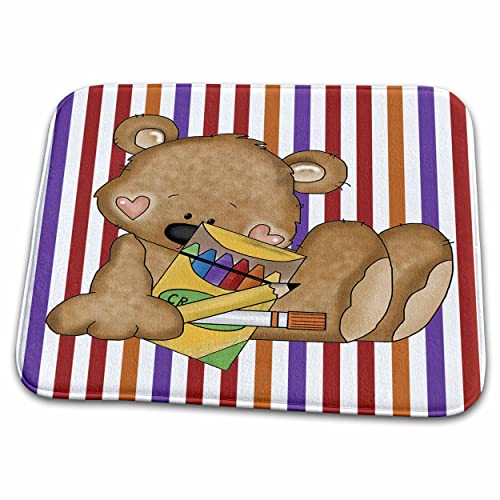 Dish Drying Mat - CUte School Bear With Crayons Pencil and Glue Stick On Striped Background Cute Bears