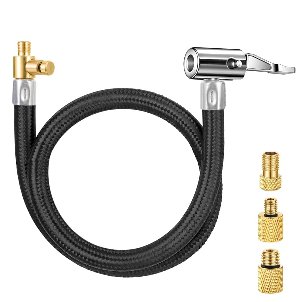 Car Tire Air Pump Extension Hose 19.6 Inch Compatible with Portable Air Compressor, Coated Rubber Air Hose, Quick Connect Inflator Hose with Valve Adapter for Vehicle Inflation