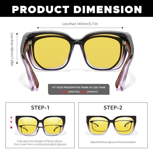 LVIOE Night Vision Glasses for Driving Fit Over Glasses for Women Trendy Oversized Anti Glare Polarized Yellow Lens LN75114