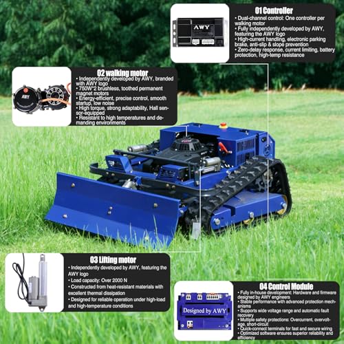 Image of Remote Control Lawn Mower with Snow Plow, Crawler Track All-Terrain Machine, Oil-Electric Hybrid Power for Extreme Slopes and Large Turf, Adjustable Cutting Height