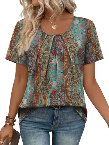 Image of WIHOLL Women T Shirts Pleated Short Sleeve Tops Business Casual Dressy Blouses