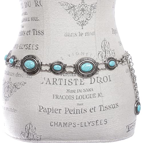 Women's Western Oval Concho Turquoise Stone Chain Belt2