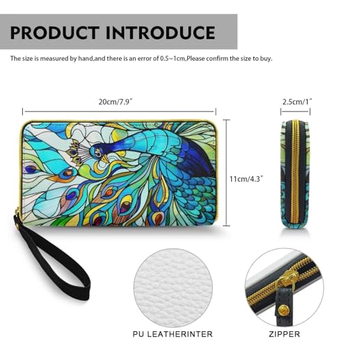 Peacock Leather Zip Around Wallet for Women Stained Glass Art Slim Billfold Wallets PU Leather, Color Bird Painting Long Travel Purse for Credit Card, Cash, Coin, Bill4