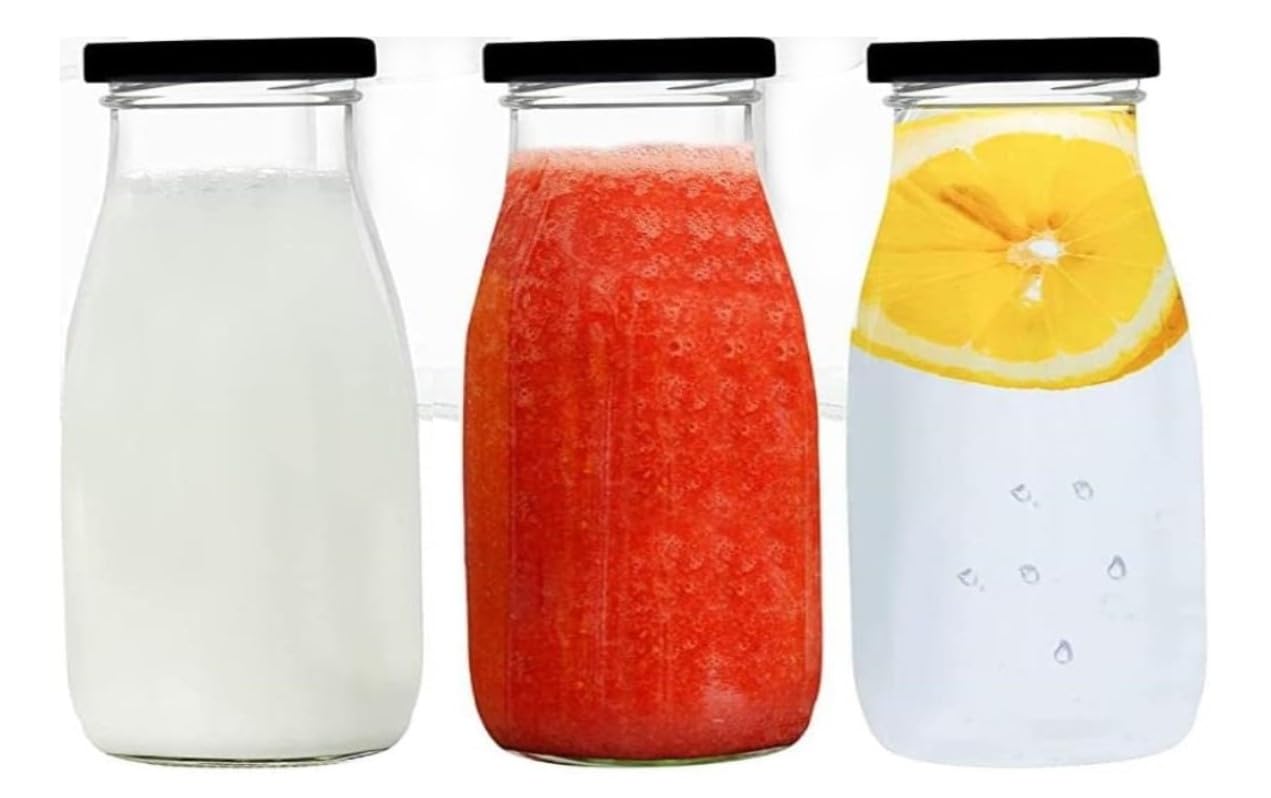 Glass Milk Bottles with Lids, 200ml (3-Pcs), Reusable Vintage Storage Jars for Milk, Juice, Smoothies, Yogurt, Honey, Jam, Sauce, Syrup – Food Storage Containers for Kitchen & Parties