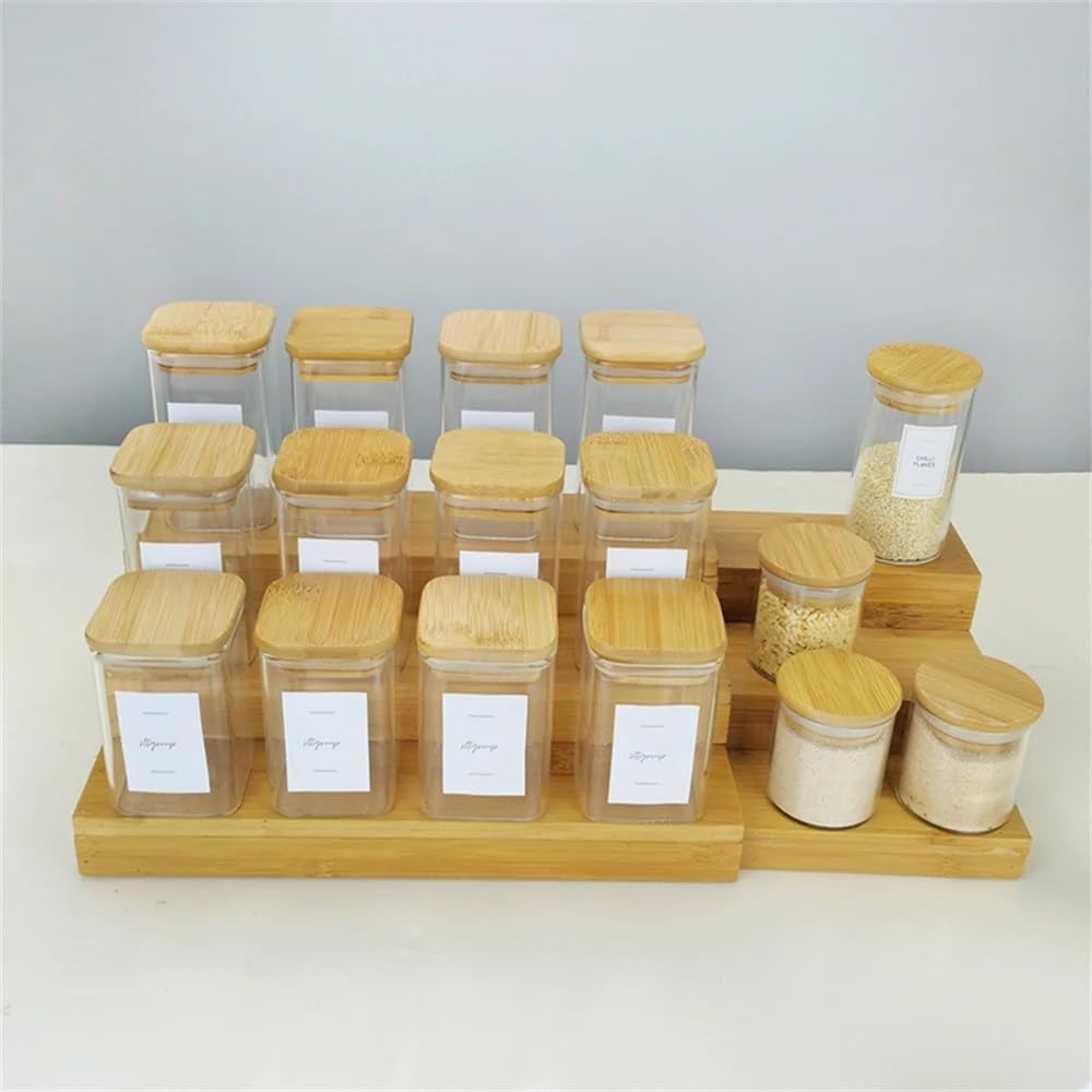12-teiliges Set von quadratischen/runden Gewürzgläsern mit Bambusdeckel und Etiketten, Frischhaltedosen für Zuhause, Küchenzubehör (12 Stück quadratisch)