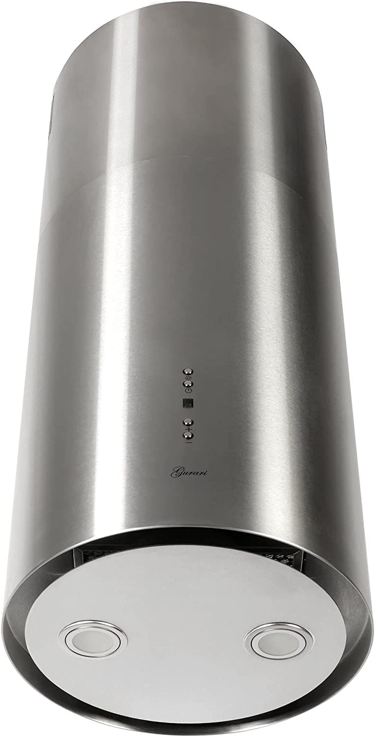 GURARI Cappa isola 385 36 IS Pr, cappa rotonda 36 cm, acciaio inossidabile, cappa a a soffitto, 1000 m³/h, base in vetro bianco, 4 livelli, display LED, estrazione del bordo