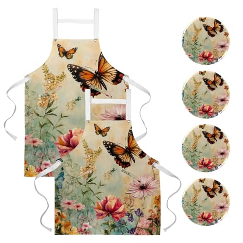 Tablier de cuisine lot de 2 imprimé papillon vintage pour service de restaurant