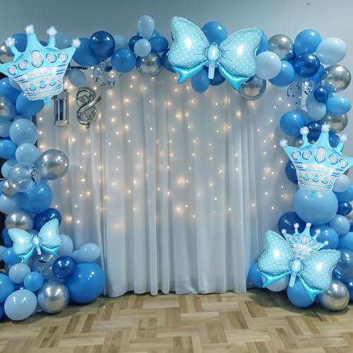 Image of 10pcs Blue Crown Balloons And Blue Bow Balloon, Light Bows Balloons, Large Crown Foil Balloon With Two Sizes For Birthday Baby Shower Theme Party Wedding Bridal Shower Anniversary Decor