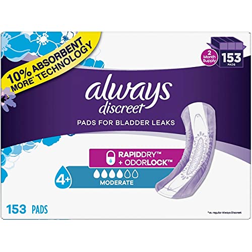 Always 80330797 Discreet Incontinence Pads, Moderate Absorbency, 153 Pads