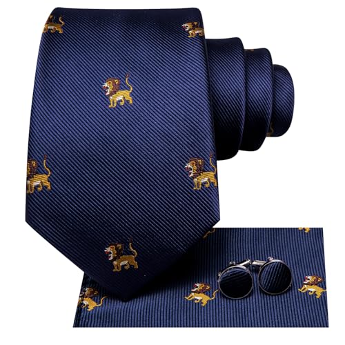Image of Hi-Tie Men's Blue Lion Tie Set Woven Silk Jacquard Animal Necktie Pocket Square Cuff-links Sets Wedding Business Holiday