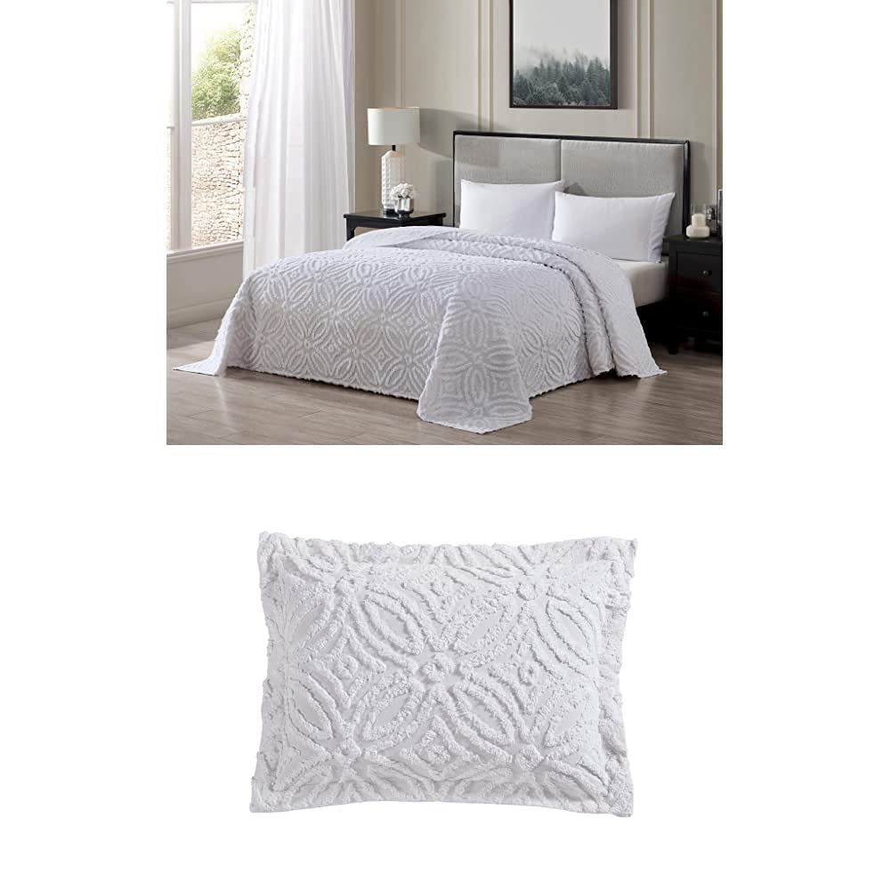 Oversized Off-White Chenille Bedspread King/Cal King 120x118 – Vintage Medallion, 3-Piece Set With Pillow Shams