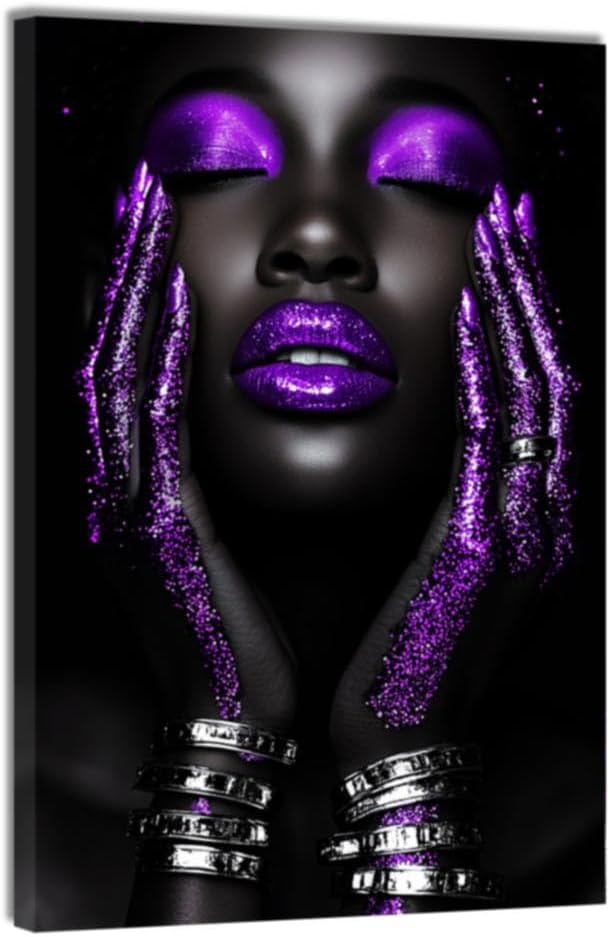 DOARTDO African American Woman Wall Art Purple Decor Canvas Prints Black Afro Woman Pictures Purple Girl Bedroom Living Room Modern Home Wall Decor Framed (16.00" x 24.00")