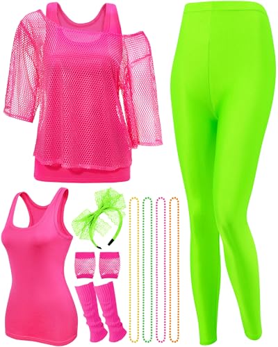 Costume des années 80 femme complet 12 pièces avec gilet noir et jambières fluo