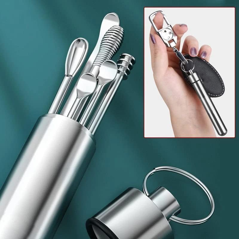 KANAKADHARA 6-in-1 Ear Wax Cleaner - Resuable Ear Cleaning Tools with Aluminum Tube - Ear Pick Wax Remover Tool Kit with Ear Curette Cleaner and Spring Ear Buds Cleaner Fit in Pocket Great for Traveling (Stainless Steel Case Ear Wax) 1