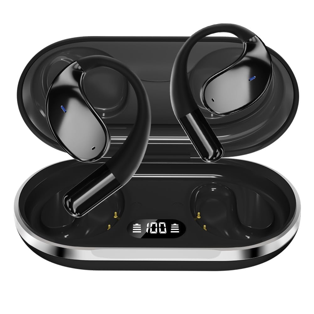 Caijin Auricolari Sportivi Wireless Con Gancio, Bluetooth 5.4, Design Con Gancio Aperto, Bassi Potenti, Riduzione Del Rumore ENC, Impermeabilità IP54, 60 Ore Di Riproduzione (Nero)
