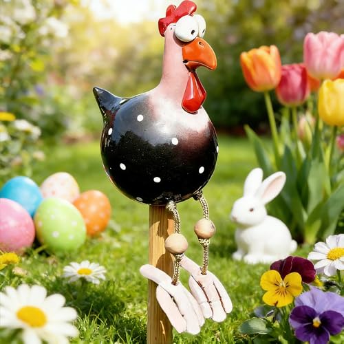 XEERUN Keramik Huhn Gartendeko Huhn Deko Garten Harz Gartenstecker Deko Garten Handarbeit Hen Handarbeit Gartenstatue Dekorative Gartendeko HuhnDeko Für Außen Balkon Ostern (Schwarz)
